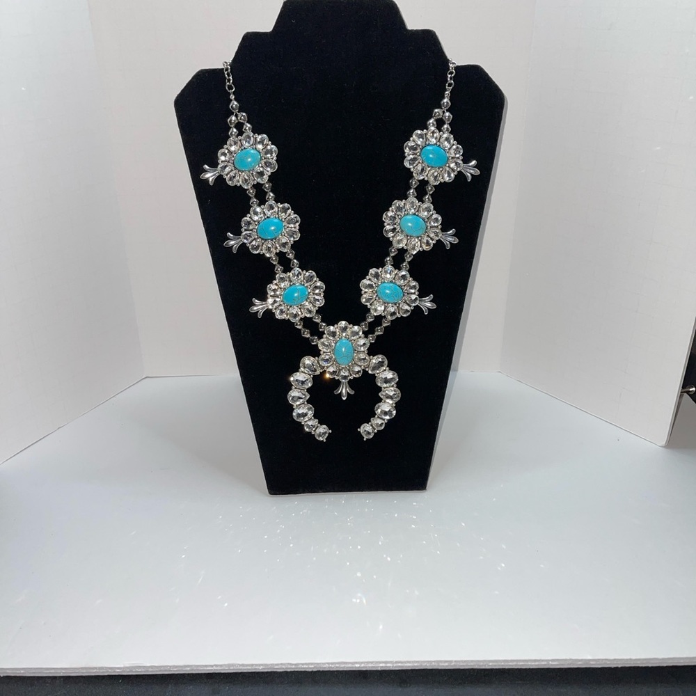 Silver tone squash blossom necklace with rhinestones & faux turquoise